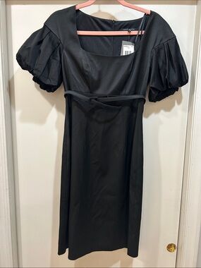 David Meister Black Square-Neck Midi Dress with Puff Sleeves and Waist Belt